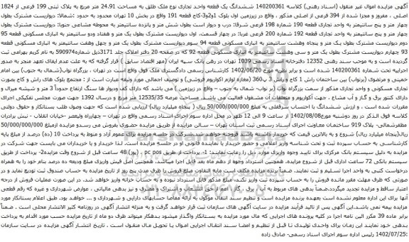 آگهی مزایده ششدانگ یک قطعه واحد تجاری نوع ملک طلق به مساحت 24.91 متر مربع به پلاک ثبتی 199 فرعی از 1824 اصلی ، مفروز و مجزا شده از 394 فرعی از اصلی