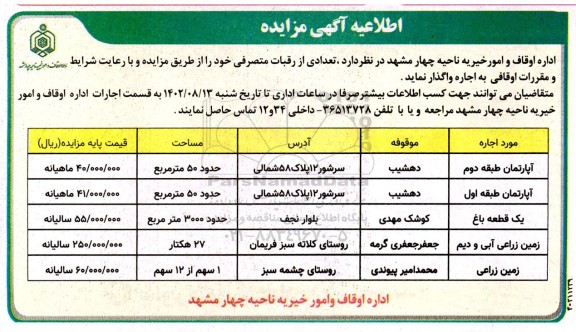 مزایده اجاره رقبات متصرفی 