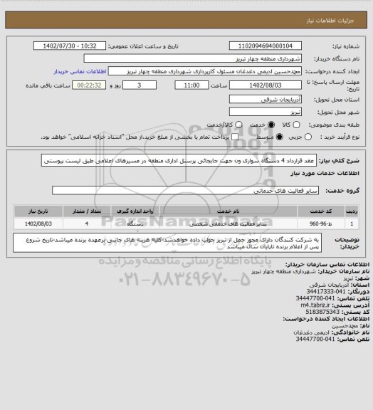 استعلام عقد قرارداد 4 دستگاه سواری ون جهت جابجائی پرسنل اداری منطقه در مسیرهای اعلامی طبق لیست پیوستی