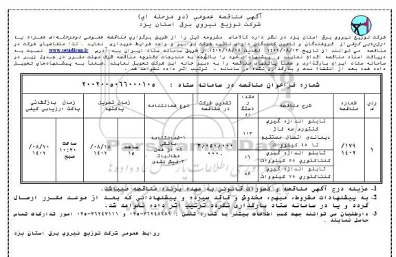 مناقصه تابلو اندازه گیری کنتوری سه فاز دیماندی اتصال مستقیم تا 45 کیلووات و ...