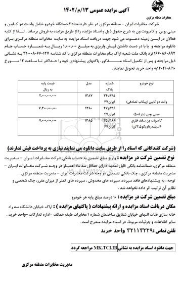 مزایده فروش تعداد 3 دستگاه خودرو شامل وانت دو کابین و مینی بوس و کامیونت ون