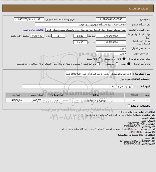 استعلام قرص بوپرنورفین2میلی گرمی از شرکت فاران تعداد 1000000 عدد