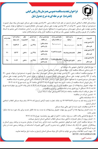 فراخوان تجدید مناقصه اسکلت بتنی 140 واحدی نهضت ملی مسکن....