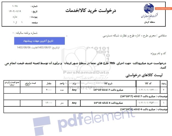 استعلام میکروداکت جهت اجرای ftth ...