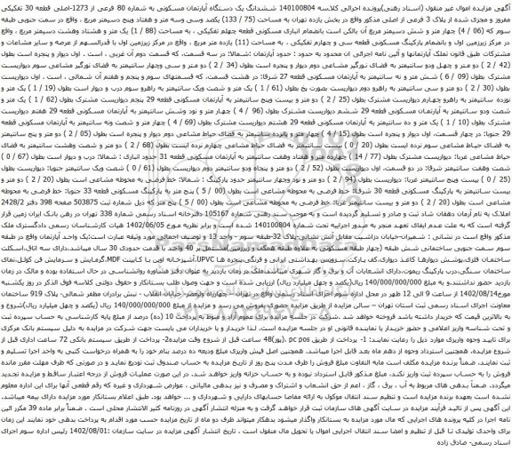 آگهی مزایده ششدانگ یک دستگاه آپارتمان مسکونی به شماره 80 فرعی از 1273-اصلی قطعه 30 تفکیکی