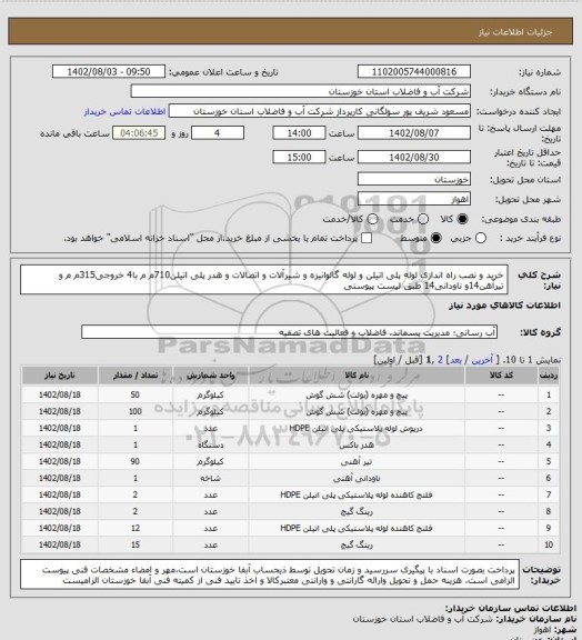 استعلام خرید و نصب راه اندازی لوله پلی اتیلن و لوله گالوانیزه و شیرآلات و اتصالات و هدر پلی اتیلن710م م با4 خروجی315م م و تیرآهن14و ناودانی14 طبق لیست پیوستی