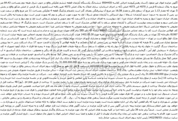 آگهی مزایده ششدانگ یکدستگاه آپارتمان قطعه ششم تفکیکی واقع در جنوب شرق طبقه دوم بمساحت 64.43 متر مربع به پلاک شماره 6 فرعی از 4070 الی 4073 اصلی