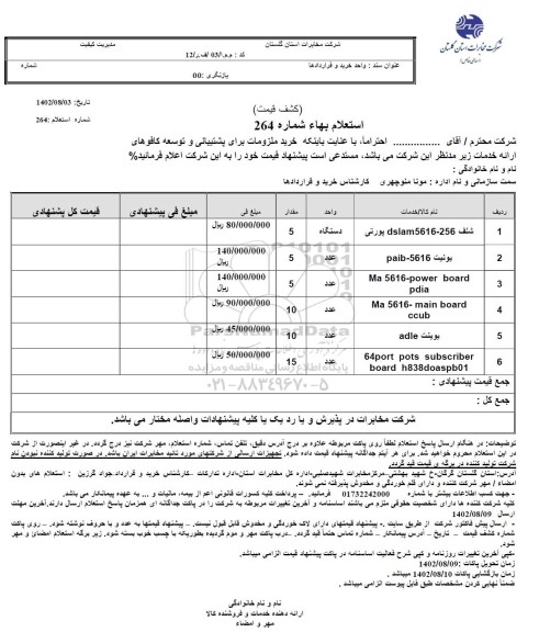 استعلام خرید ملزومات برای پشتیبانی و توسعه کافوهای ارائه خدمات ...