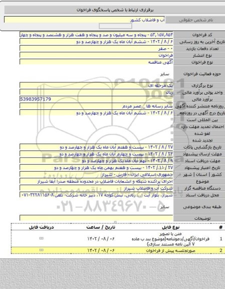 مناقصه, اجرای پراکنده شبکه و انشعابات فاضلاب در محدوده منطقه صدرا آبفا شیراز