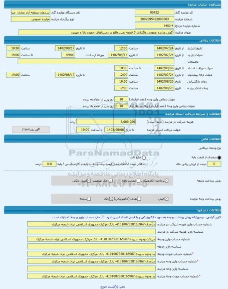 مزایده ، آگهی مزایده عمومی واگذاری 5 قطعه زمین واقع در روستاهای جفرود بالا و چپرپرد -مزایده زمین  - استان گیلان