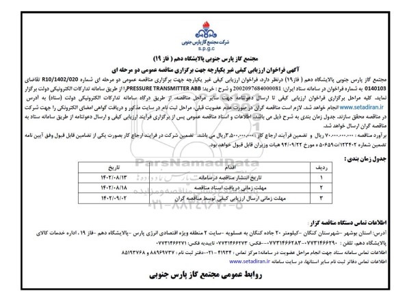 مناقصه خرید PRESSURE TRANSMITTER ABB