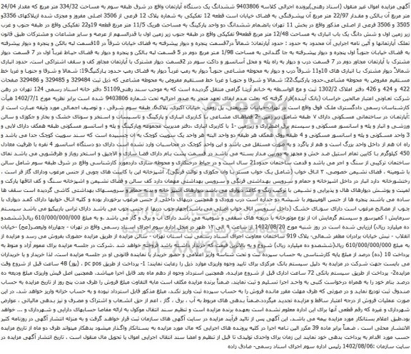 آگهی مزایده ششدانگ یک دستگاه آپارتمان واقع در شرق طبقه سوم به مساحت 334/32 متر مربع که مقدار 24/04 متر مربع