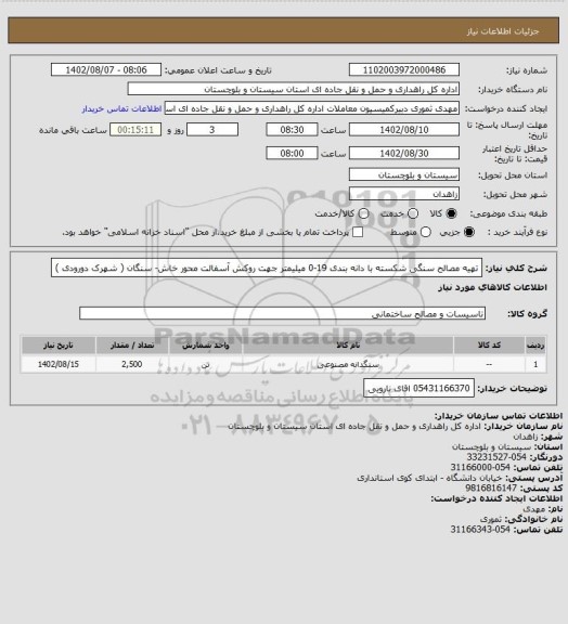 استعلام تهیه مصالح سنگی شکسته با دانه بندی 19-0 میلیمتر جهت روکش آسفالت محور خاش- سنگان ( شهرک دورودی )