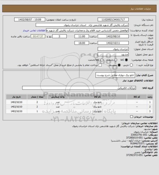 استعلام تابلو برق دیواری مطابق شرح پیوست