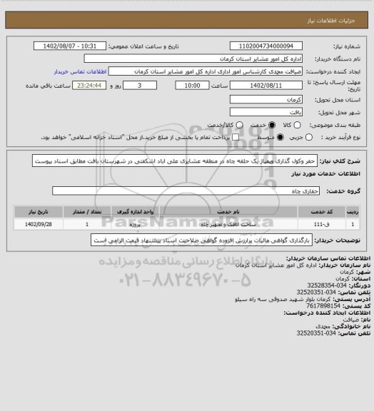 استعلام حفر وکول گذاری وپمپاژ یک حلقه چاه در منطقه عشایری علی اباد اشکفتی در شهرستان بافت مطابق اسناد پیوست