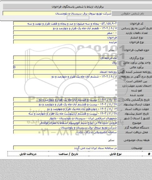 مزایده, فروش حدود ۴۵ تن انواع سیم الومینیوم اسقاط با مغزی فولادی