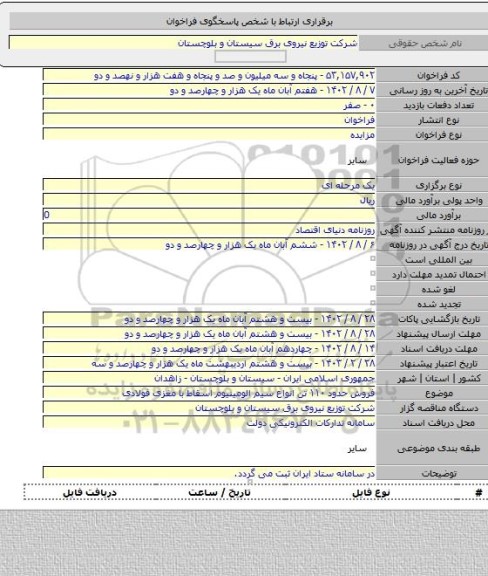 مزایده, فروش حدود ۱۱۰ تن انواع سیم الومینیوم اسقاط با مغزی فولادی