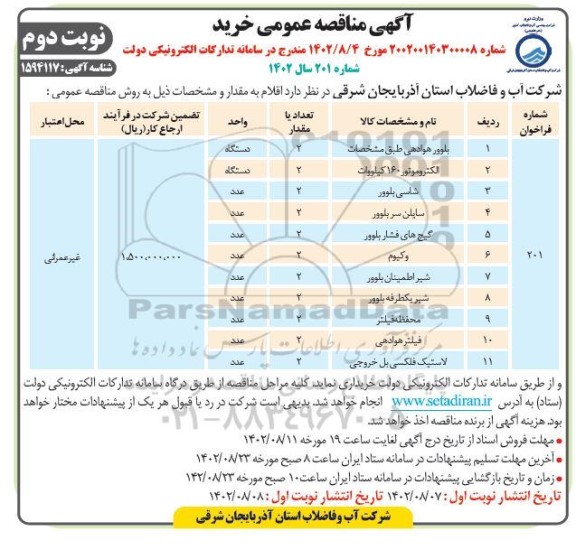 مناقصه عمومی خرید بلوور هوادهی...   نوبت دوم 