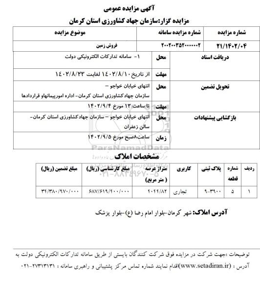 مزایده ملک تجاری