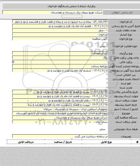 مناقصه, پروژه فازدو احداث خط دو مداره فشار متوسط از پست رحمت آباد تا شهر مهرستان