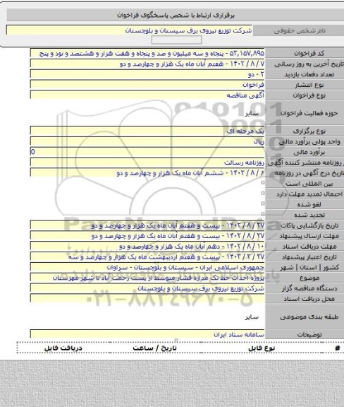 مناقصه, پروژه احداث خط  تک مداره فشار متوسط از پست رحمت آباد تا شهر مهرستان