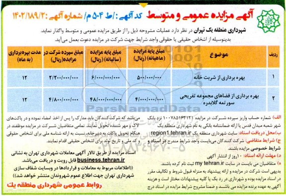 مزایده بهره برداری از شربت خانه و فضاهای مجموعه تفریحی سورتمه گلابدره