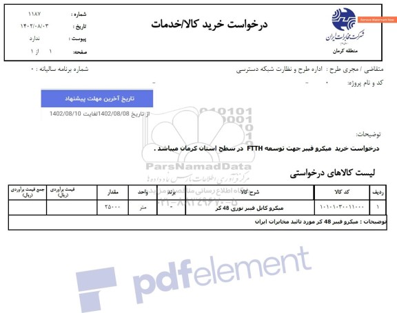 استعلام میکرو کابل فیبر نوری 48 کر