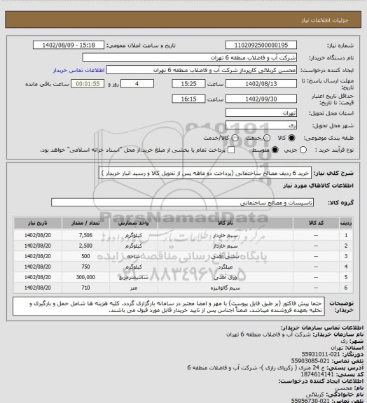 استعلام خرید 6 ردیف مصالح ساختمانی (پرداخت دو ماهه پس از تحویل کالا و رسید انبار خریدار )