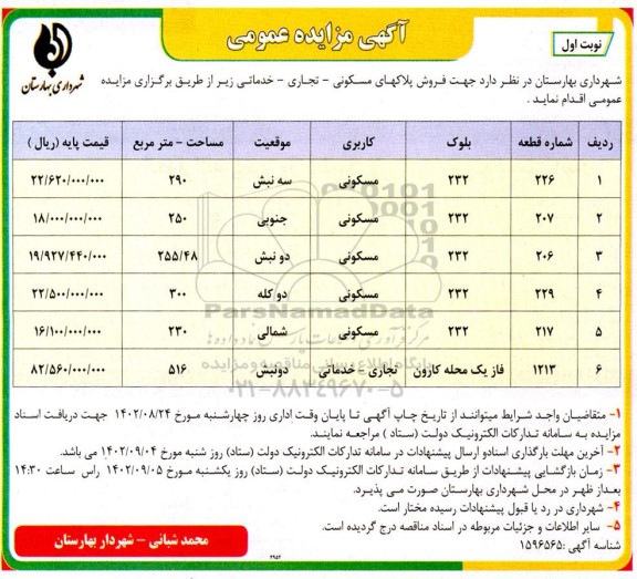 مزایده فروش پلاکهای مسکونی - تجاری- خدماتی 