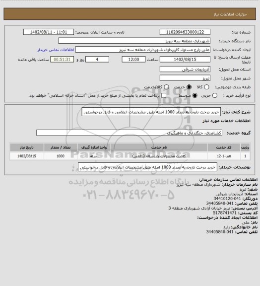 استعلام خرید درخت نارون به تعداد 1000 اصله طبق مشخصات اعلامی و فایل درخواستی