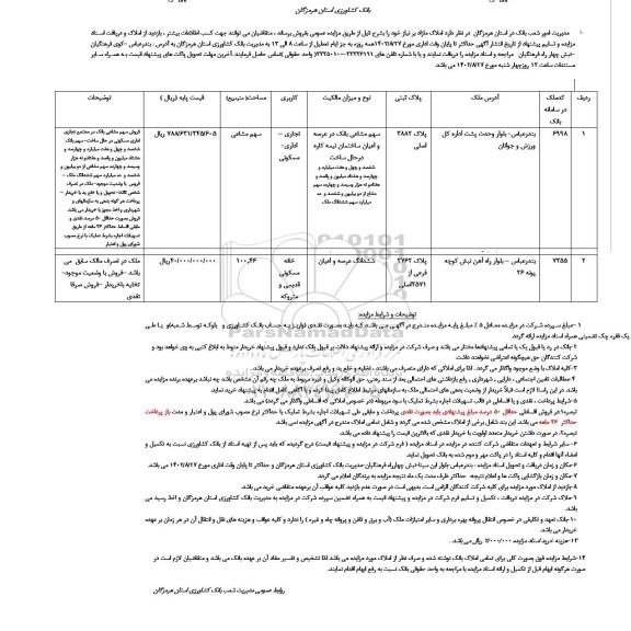 مزایده فروش املاک مازاد با تجاری، اداری، مسکونی