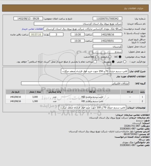 استعلام لامپ سدیم خیاری 70 و 250
جهت خرید فوق قرارداد منعقد میگردد