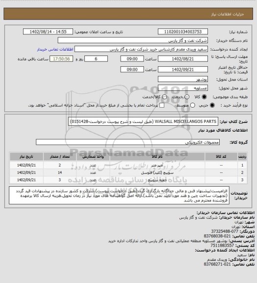 استعلام WALSALL MISCELLANGOS PARTS (طبق لیست و شرح پیوست درخواست-0151428)