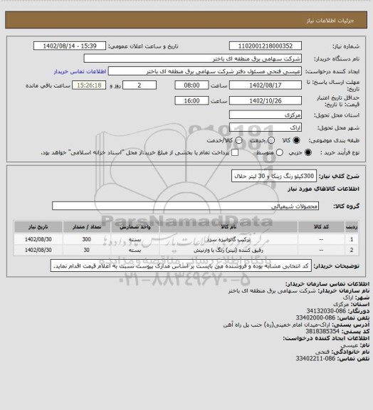 استعلام 300کیلو رنگ زینکا و 30 لیتر حلال