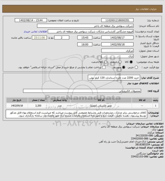 استعلام خرید 2200 عدد مقره استاندارد 120 کیلو نیوتن