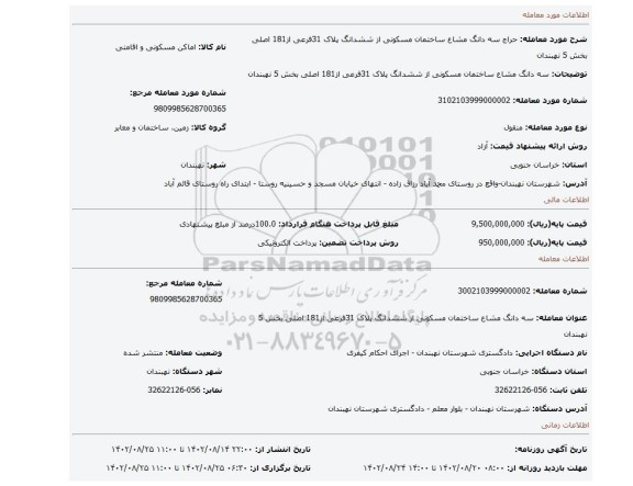 سه دانگ مشاع ساختمان مسکونی از ششدانگ پلاک 31فرعی از181 اصلی بخش 5 نهبندان