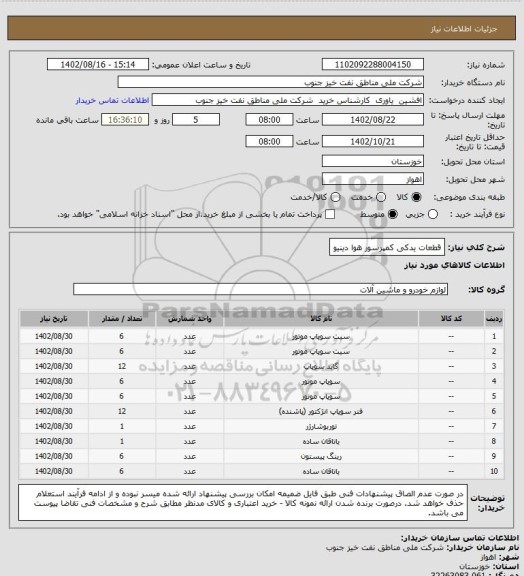 استعلام قطعات یدکی کمپرسور هوا دینیو