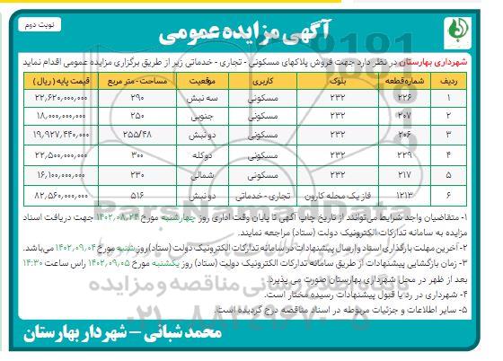 مزایده فروش پلاکهای مسکونی -تجاری - خدماتی نوبت دوم 