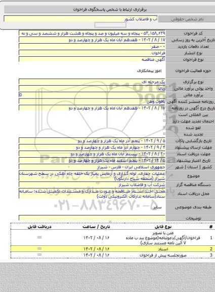 مناقصه, عملیات حفاری، لوله گذاری و آزمایش پمپاژ یک  حلقه چاه آهکی در سطح شهرستان شیراز (منطقه سیاخ دارنگون)