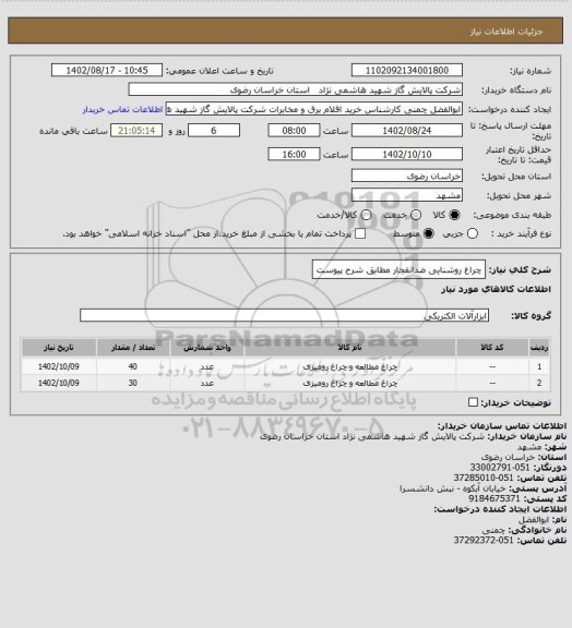 استعلام چراغ روشنایی ضدانفجار مطابق شرح پیوست