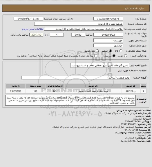 استعلام تامین گاز های کالیبربسیون.مطابق تقاضا و اسناد پیوست.