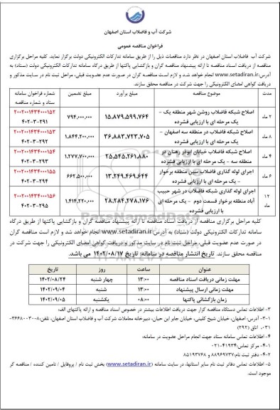 مناقصه اصلاح شبکه فاضلاب ...