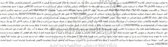 آگهی مزایده یکصدو سی وهشت سیر مشاع ازشش دانگ یک باب آپارتمان به پلاک هشتادوسه فرعی از 115اصلی (صدوپانزده)