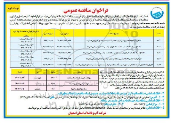 مناقصه اصلاح شبکه فاضلاب ...- نوبت دوم