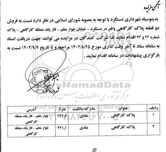 مزایده فروش دو قطعه پلاک کارگاهی  