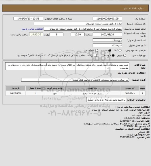 استعلام خرید پمپ و متعلقات جهت تجهیز چاه منطقه بردگلال ( ریز اقلام مربوط به تجهیز چاه آب ...)اندیمشک طبق شرح استعلام بها پیوستی