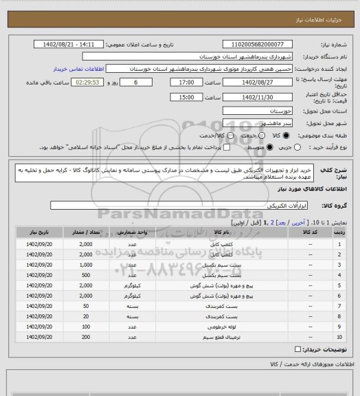 استعلام خرید ابزار و تجهیزات الکتریکی طبق لیست و مشخصات در مدارک پیوستی سامانه و نمایش کاتالوگ کالا - کرایه حمل و تخلیه به عهده برنده استعلام میباشد.