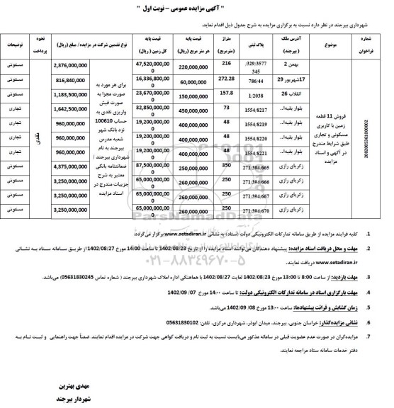 مزایده فروش 11 قطعه زمین با کاربری مسکونی و تجاری 