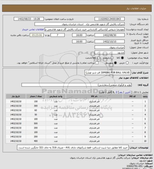 استعلام SPRING FOR BALL VALVE( فنر شیر توپی)