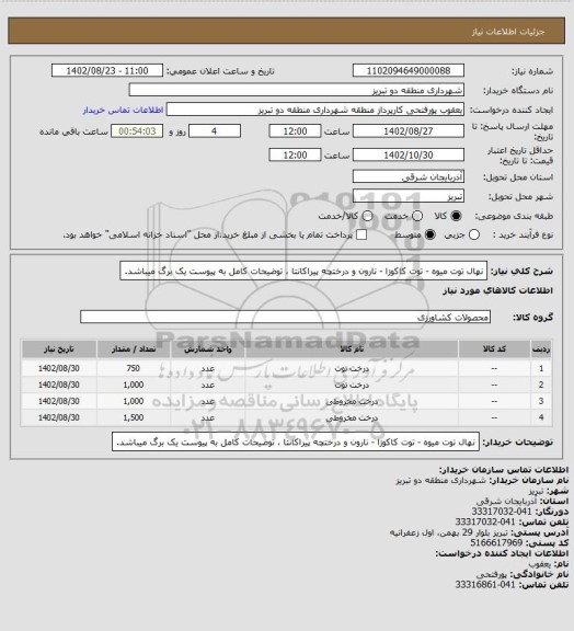 استعلام نهال توت میوه - توت کاکوزا - نارون و درختچه پیراکانتا ، توضیحات کامل به پیوست یک برگ میباشد.